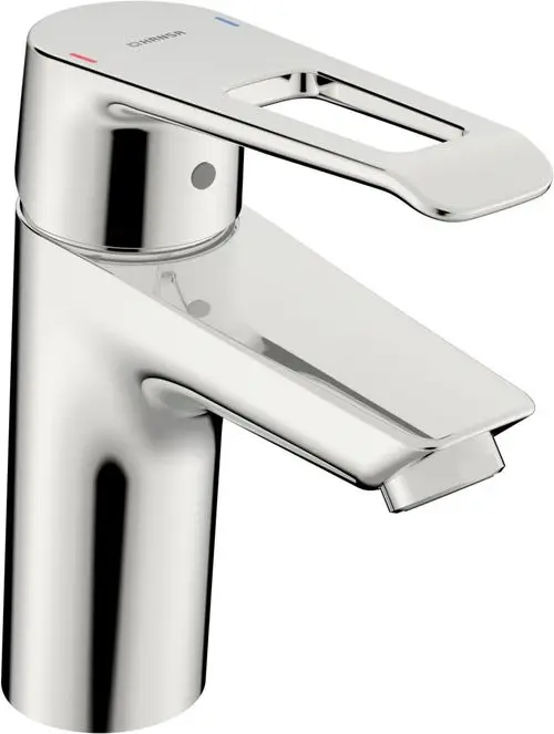 Einhebelmischer mit Bügelhebel in glänzendem Chrom-Finish, hergestellt von HANSA, für die Montage an einem Waschbecken. Wassertropfenablauf sichtbar.